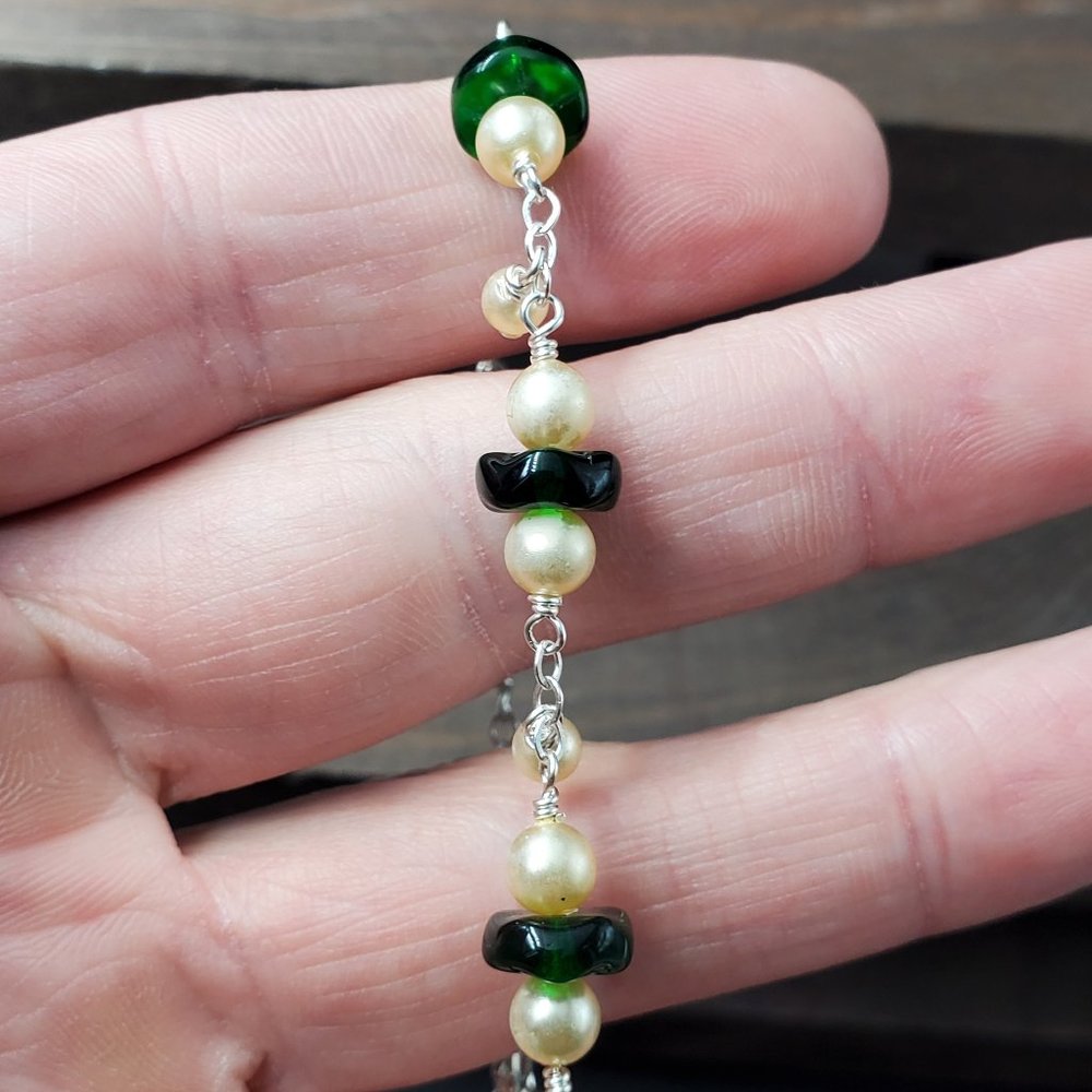 7 Inch Sterling Silver Faux Worn Pearls And Green Glass Bracelet